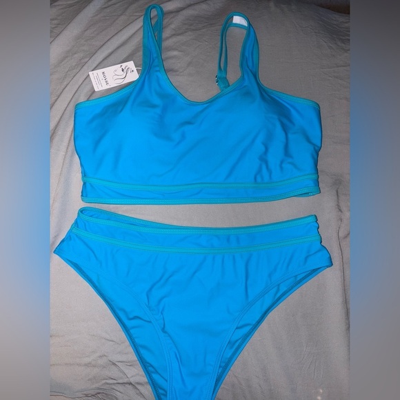 Elegant 2 Tone Blue Two-piece cheeky 
High waisted bikini - Picture 6 of 11